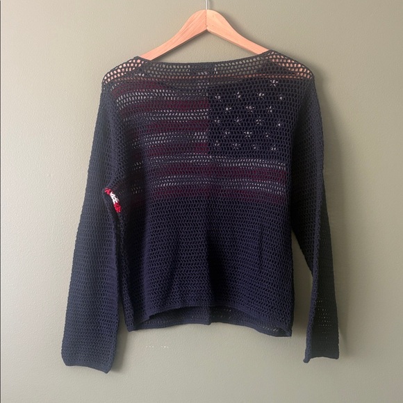 VTG 90s Y2K Norton Mcnaughton Patriotic American Flag Navy Crochet Sweater Sz S - Picture 4 of 4